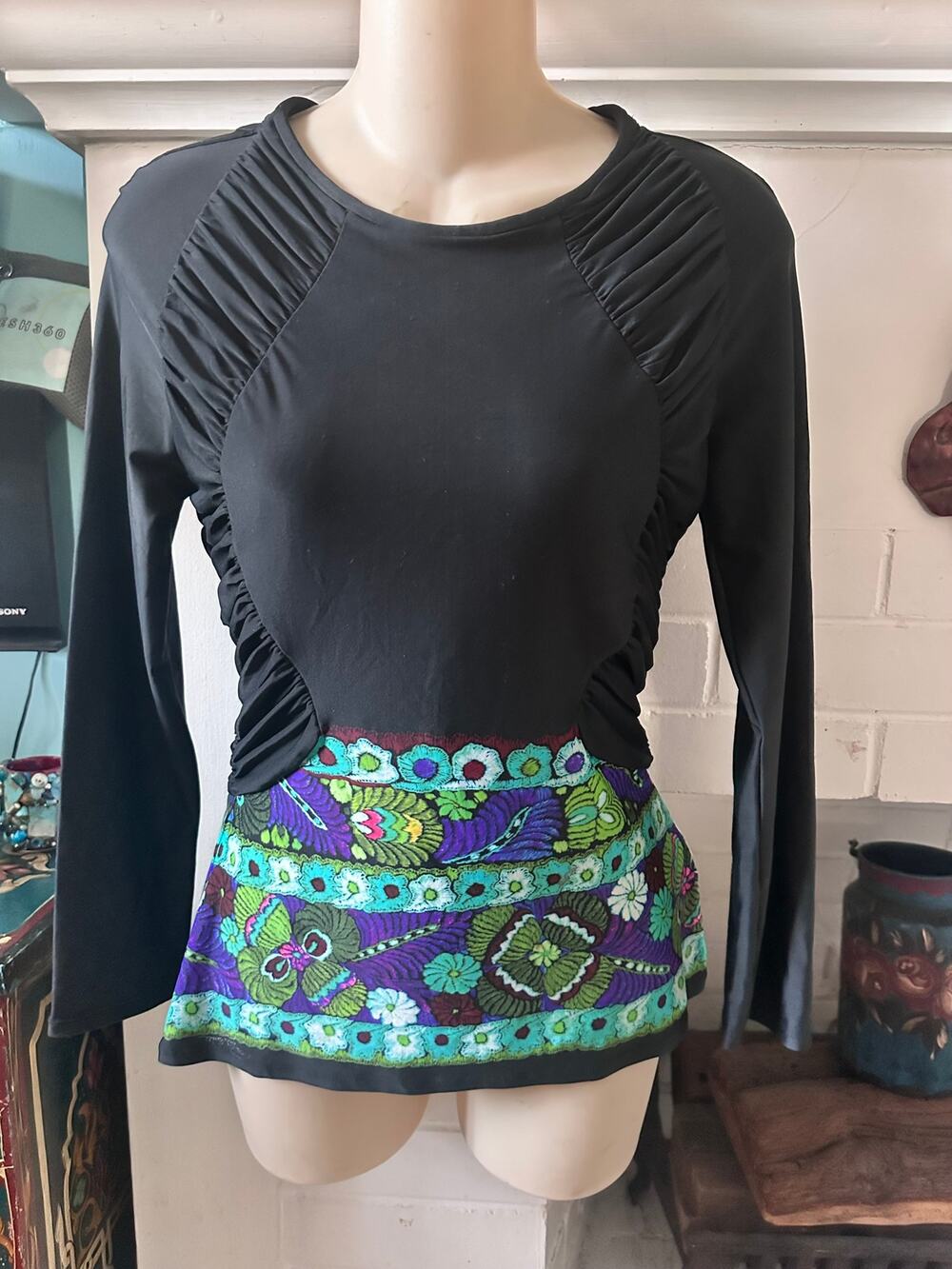 VINTAGE Y2K ROBERTO CAVALLI BLACK RUCHED BODYCON TOP MADE IN ITALY IT 42 / US 6